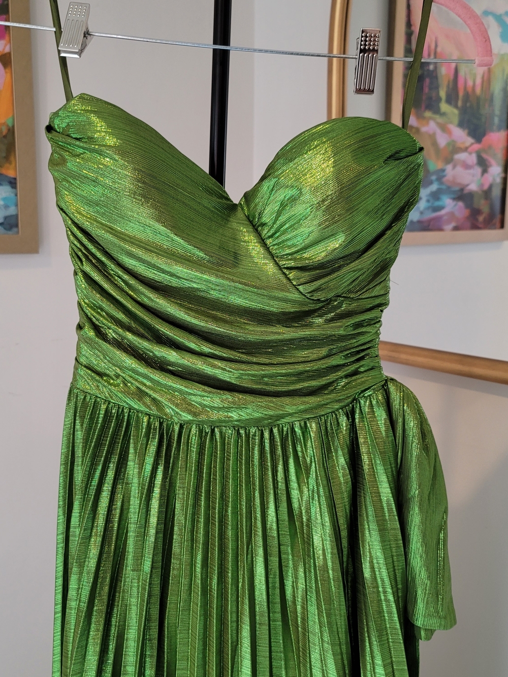 NWOT FAEREISTY Metallic Green Ruched Bodice Pleated Hem Formal Dress Size XS - Picture 5 of 12
